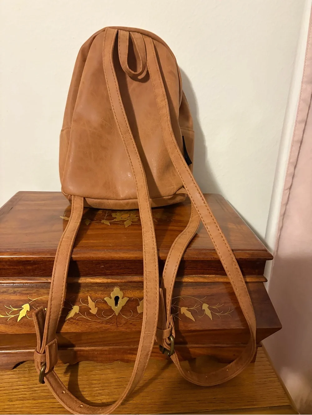 Kids Tan Leather Mini Backpack with Colorful Heraldic Front Panel